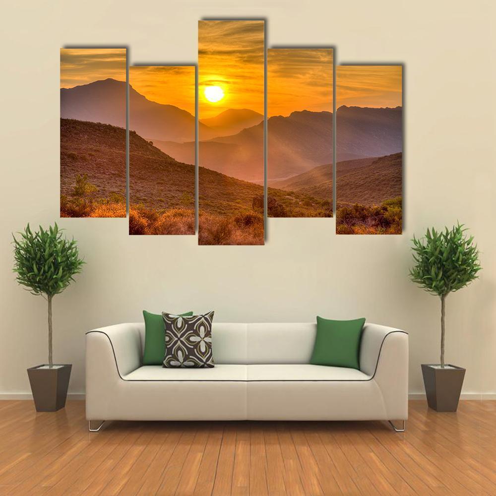 Orange Sunset Over Mountain Canvas Wall Art-5 Pop-Gallery Wrap-47" x 32"-Tiaracle