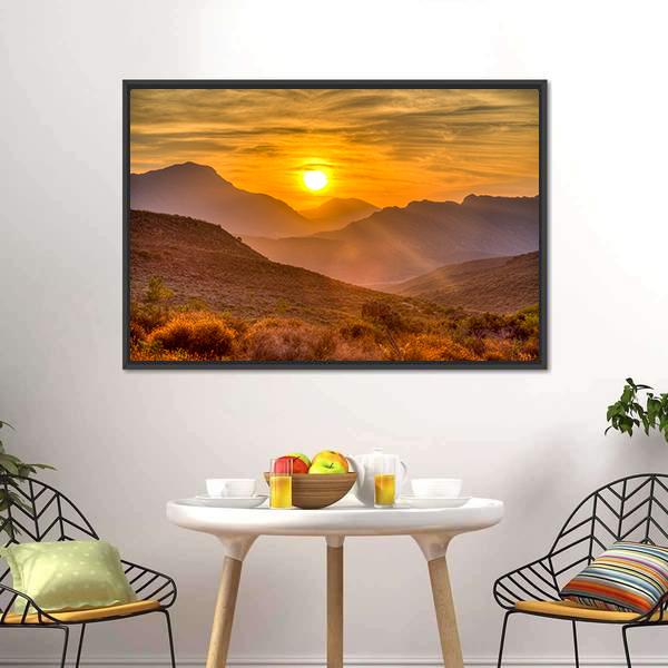 Orange Sunset Over Mountain Canvas Wall Art-1 Piece-Floating Frame-24" x 16"-Tiaracle