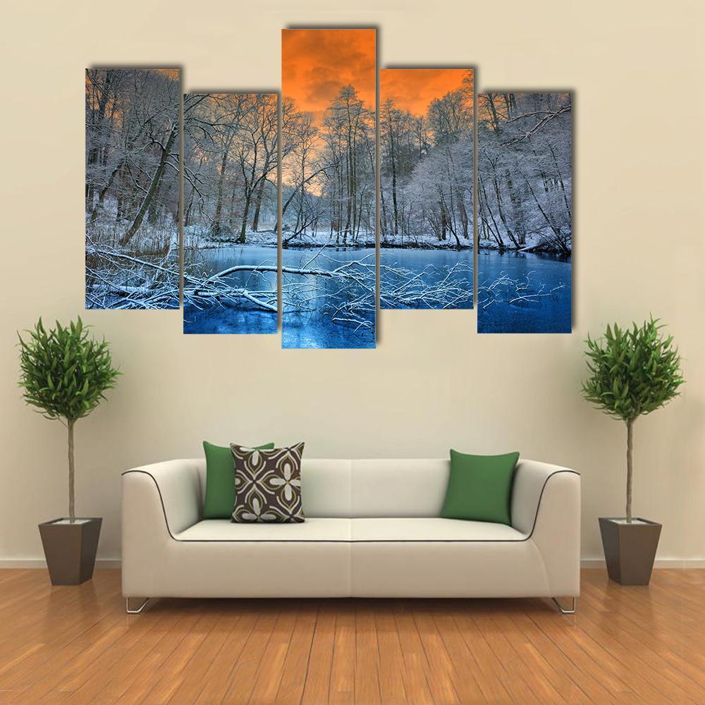 Orange Sunset In Winter Canvas Wall Art-5 Pop-Gallery Wrap-47" x 32"-Tiaracle