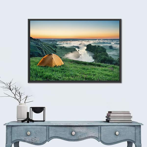Orange Tourist Tent On Hillside Canvas Wall Art-1 Piece-Floating Frame-24" x 16"-Tiaracle