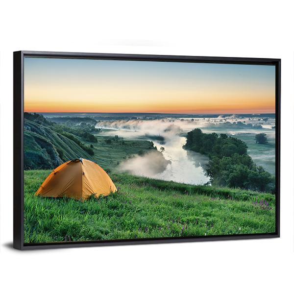 Orange Tourist Tent On Hillside Canvas Wall Art-3 Horizontal-Gallery Wrap-25" x 16"-Tiaracle