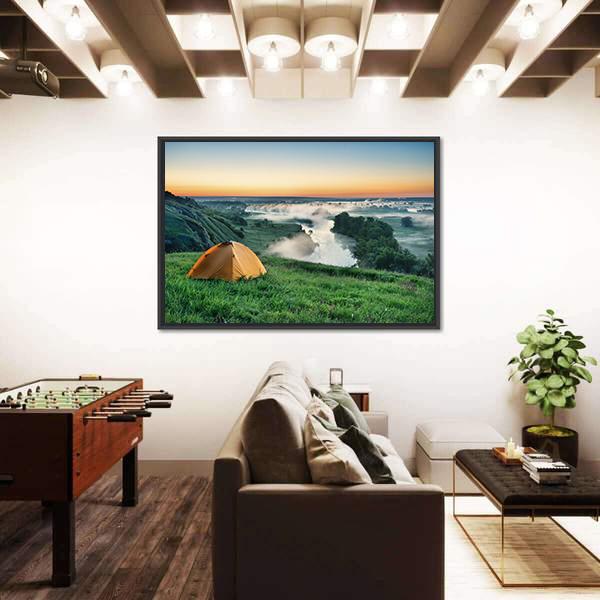 Orange Tourist Tent On Hillside Canvas Wall Art-3 Horizontal-Gallery Wrap-25" x 16"-Tiaracle