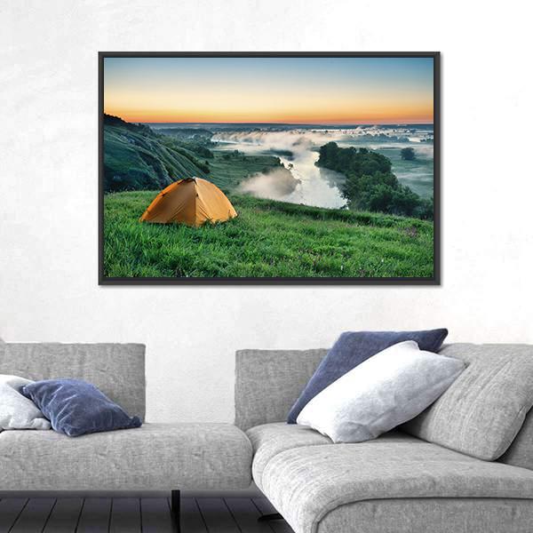 Orange Tourist Tent On Hillside Canvas Wall Art-3 Horizontal-Gallery Wrap-25" x 16"-Tiaracle