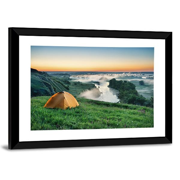 Orange Tourist Tent On Hillside Canvas Wall Art-3 Horizontal-Gallery Wrap-25" x 16"-Tiaracle