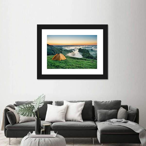 Orange Tourist Tent On Hillside Canvas Wall Art-3 Horizontal-Gallery Wrap-25" x 16"-Tiaracle