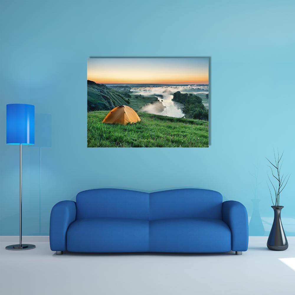 Orange Tourist Tent On Hillside Canvas Wall Art-1 Piece-Gallery Wrap-48" x 32"-Tiaracle