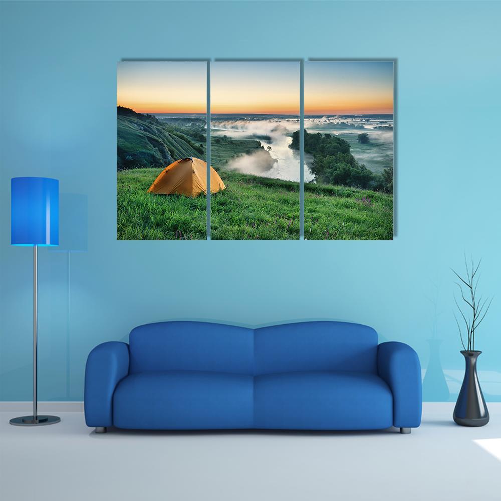 Orange Tourist Tent On Hillside Canvas Wall Art-3 Horizontal-Gallery Wrap-37" x 24"-Tiaracle