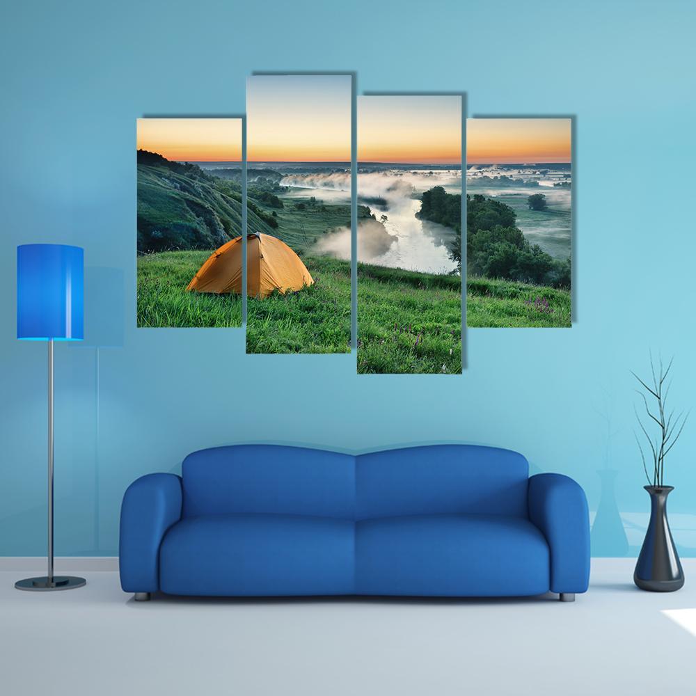 Orange Tourist Tent On Hillside Canvas Wall Art-4 Pop-Gallery Wrap-50" x 32"-Tiaracle