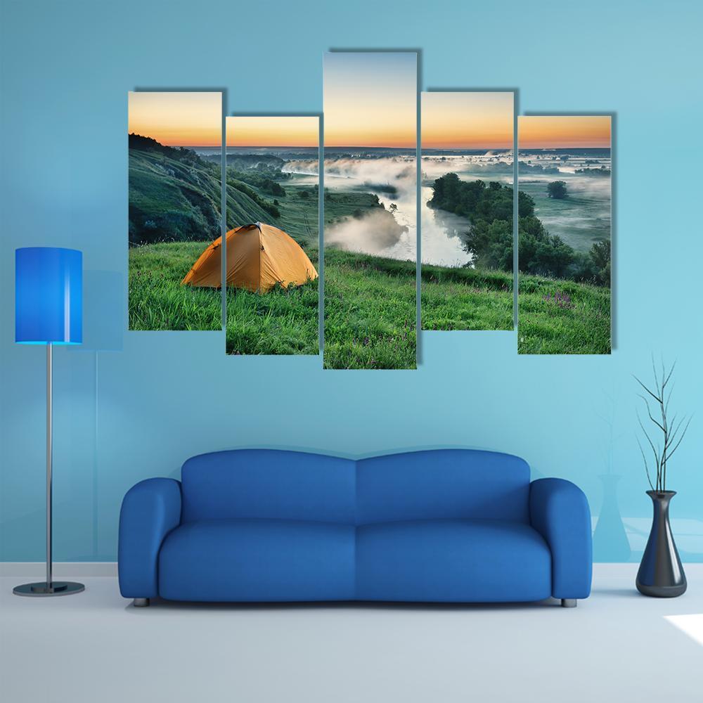 Orange Tourist Tent On Hillside Canvas Wall Art-5 Pop-Gallery Wrap-47" x 32"-Tiaracle