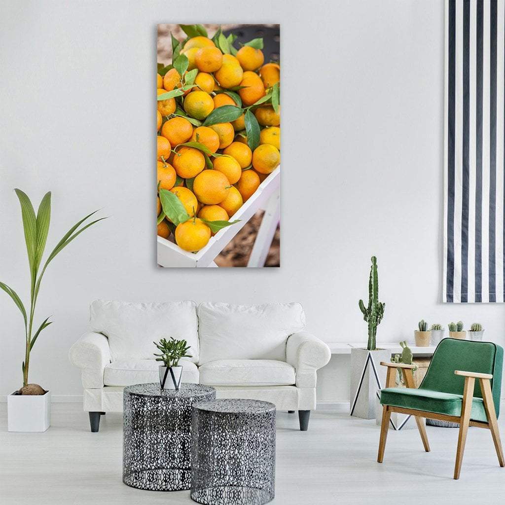 Oranges In Basket Vertical Canvas Wall Art-3 Vertical-Gallery Wrap-12" x 25"-Tiaracle