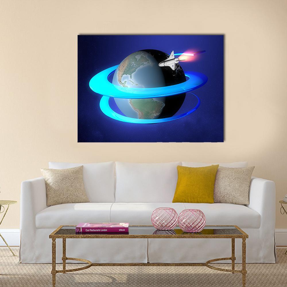 Space Shuttle Orbiting Earth Canvas Wall Art in black and blue, single panel hung on a wall