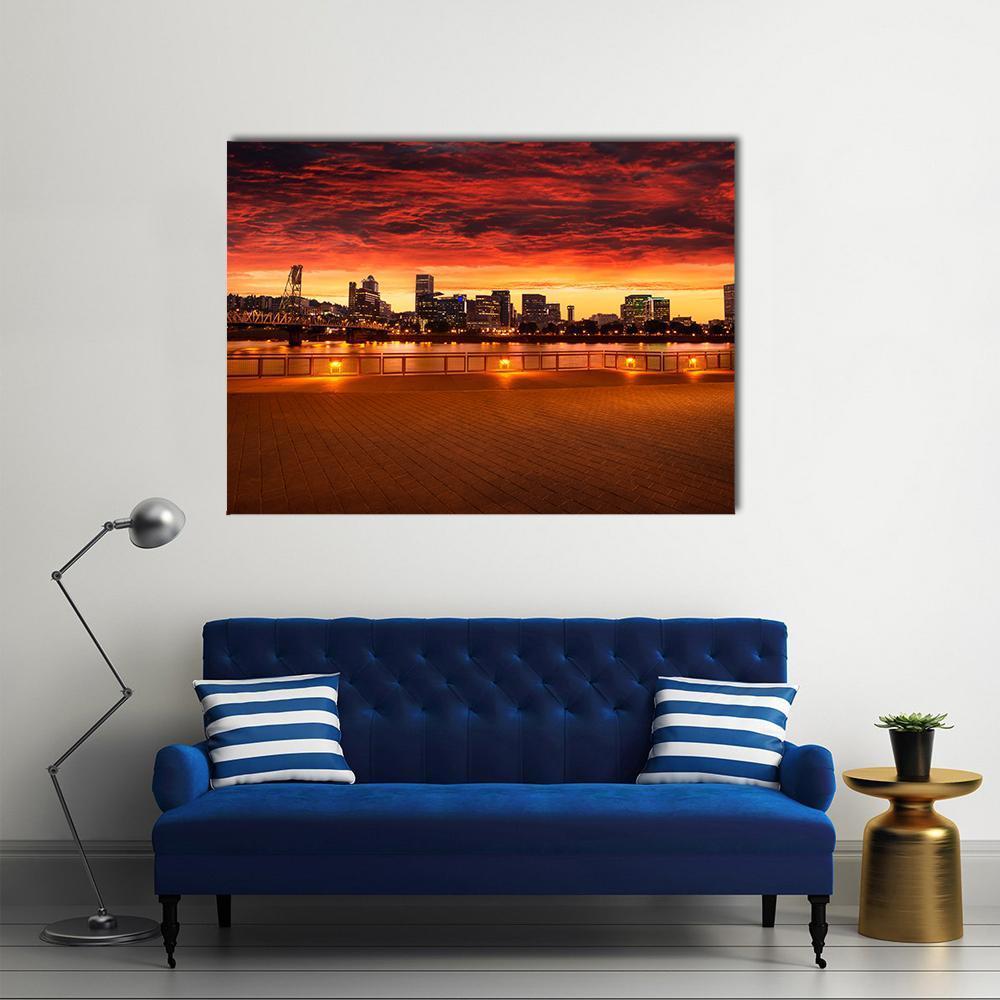 Oregon City Skyline at Sunset Canvas Wall Art in black, red and orange, single panel hung on a wall