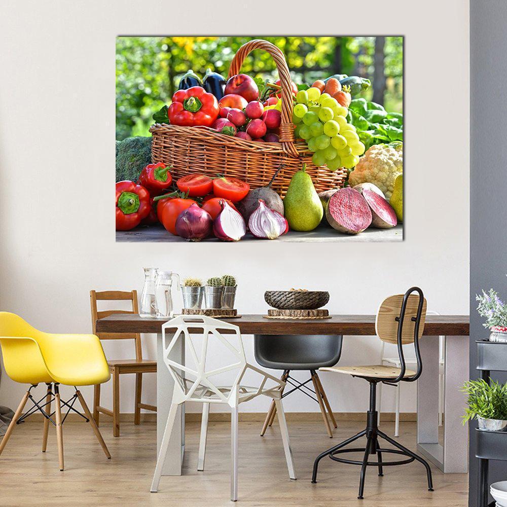 Organic Vegetables &amp; Fruits Canvas Wall Art in brown, red and green, single panel hung on a wall