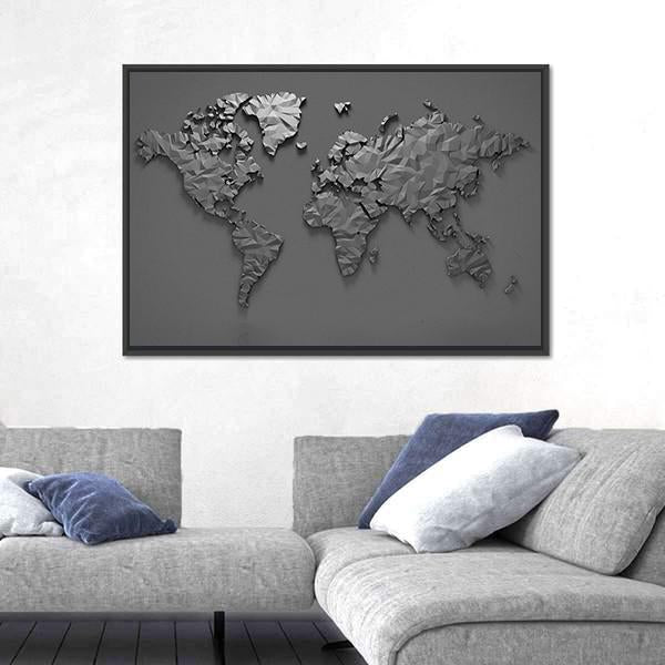 Origami 3d World Map Canvas Wall Art in gray, framed canvas, product view on a white background