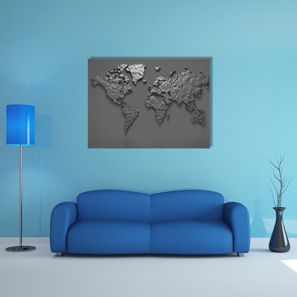 Origami 3d World Map Canvas Wall Art in gray, single panel hung on a wall