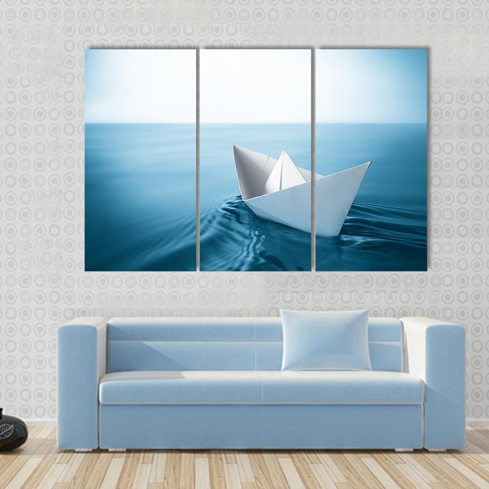 Paper Sailboat In Water Canvas Wall Art-3 Horizontal-Gallery Wrap-37" x 24"-Tiaracle