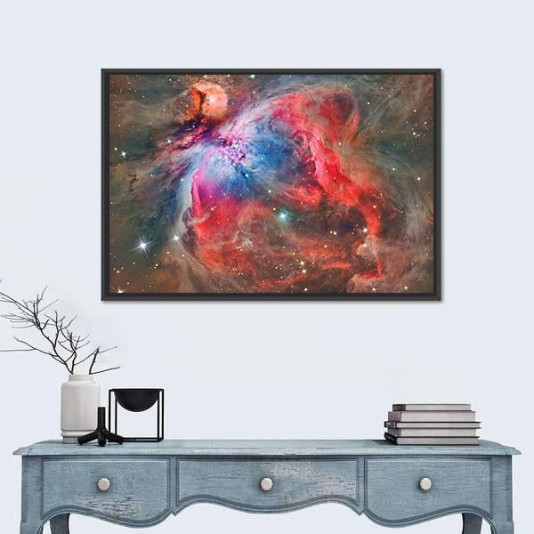 Orion Nebula Canvas Wall Art in black, red and blue, framed canvas, product view on a white background