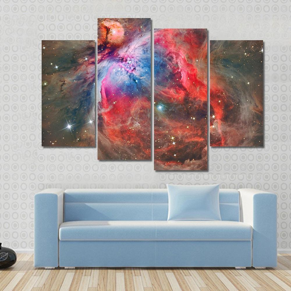 Orion Nebula Canvas Wall Art in black, red and blue, 4 panel Pop layout hung on a wall