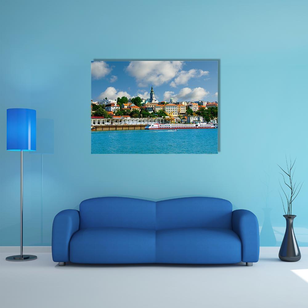 Orthodox Church on the River Sava Canvas Wall Art in white, green and blue, single panel hung on a wall