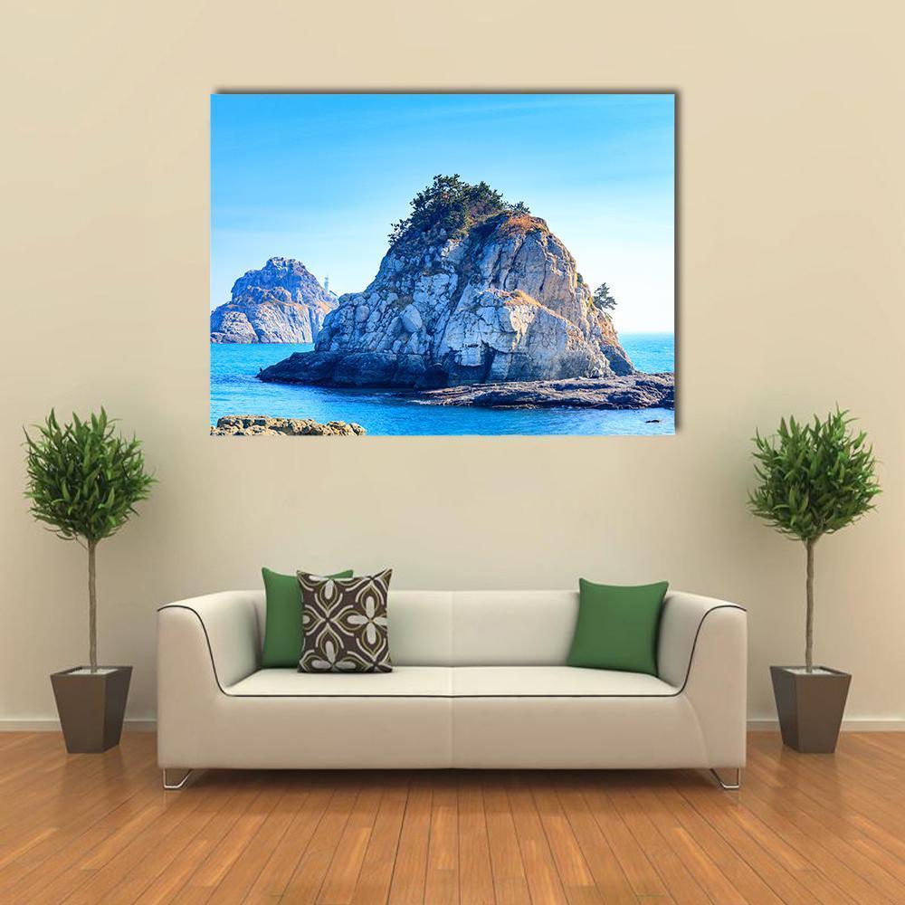 Oryukdo Island Seascape Canvas Wall Art in gray and blue, single panel hung on a wall