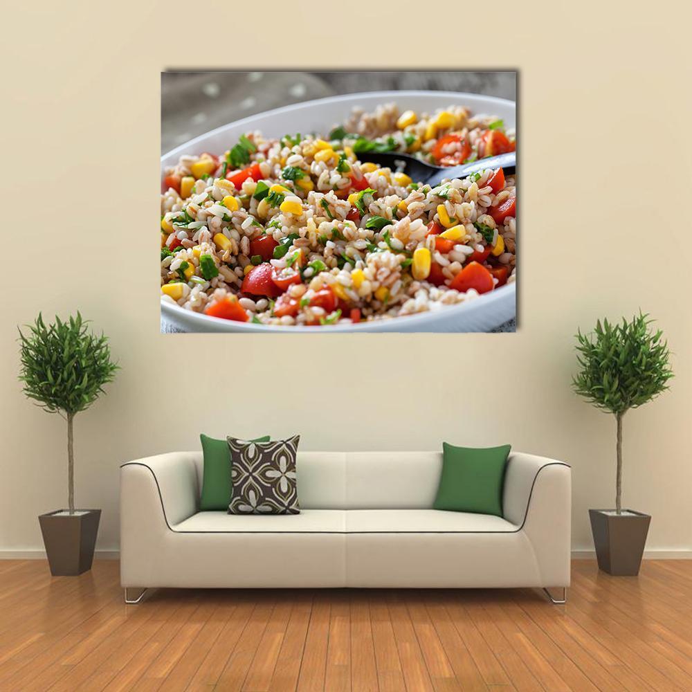 Orzo Salad with Cherry Tomatoes Canvas Wall Art in white, red and yellow, single panel hung on a wall