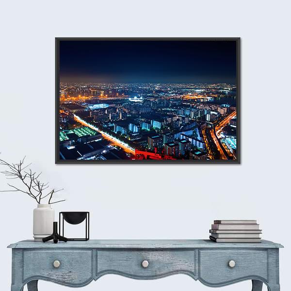 Osaka Bay Harbor Area At Night Canvas Wall Art-1 Piece-Floating Frame-24" x 16"-Tiaracle