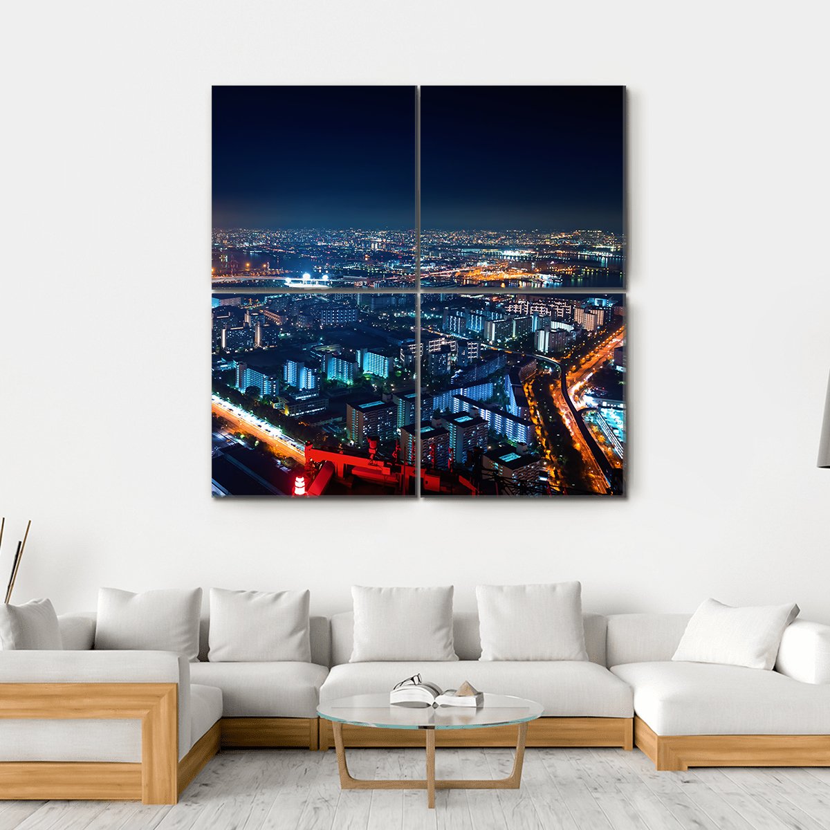 Osaka Bay Harbor Area At Night Canvas Wall Art-4 Square-Gallery Wrap-17" x 17"-Tiaracle
