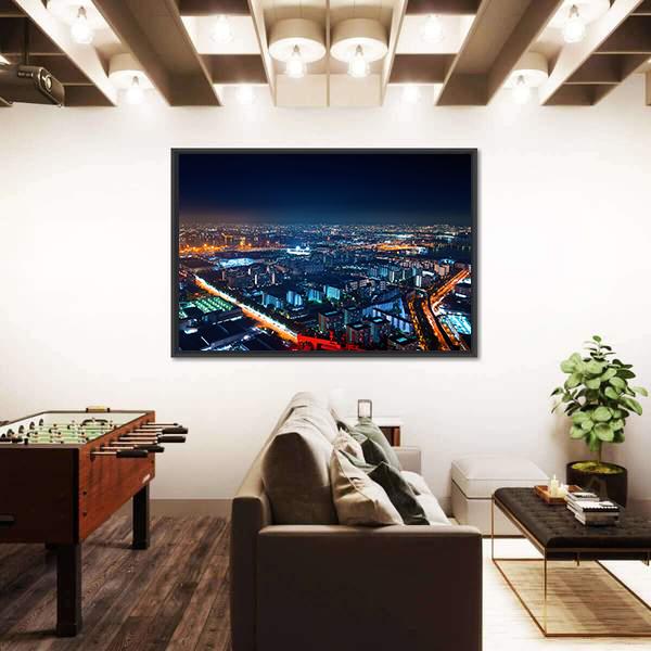 Osaka Bay Harbor Area At Night Canvas Wall Art-3 Horizontal-Gallery Wrap-25" x 16"-Tiaracle
