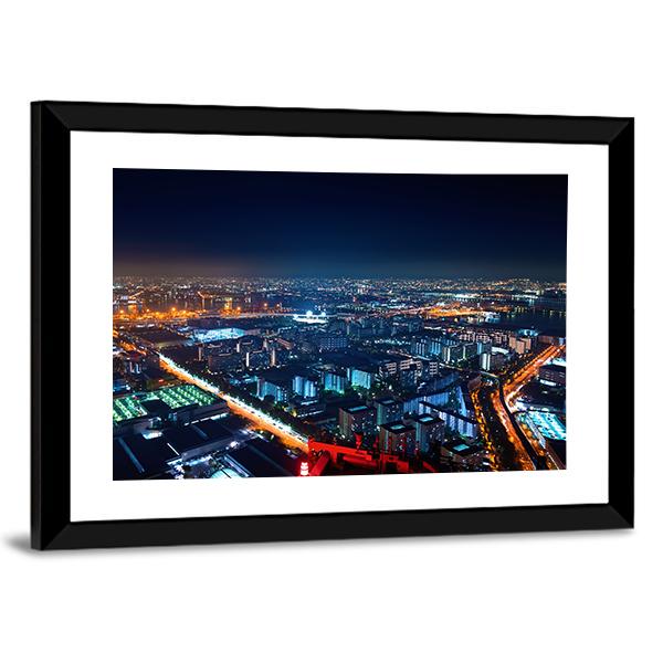 Osaka Bay Harbor Area At Night Canvas Wall Art-3 Horizontal-Gallery Wrap-25" x 16"-Tiaracle
