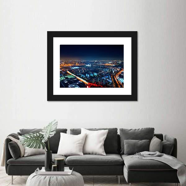 Osaka Bay Harbor Area At Night Canvas Wall Art-3 Horizontal-Gallery Wrap-25" x 16"-Tiaracle
