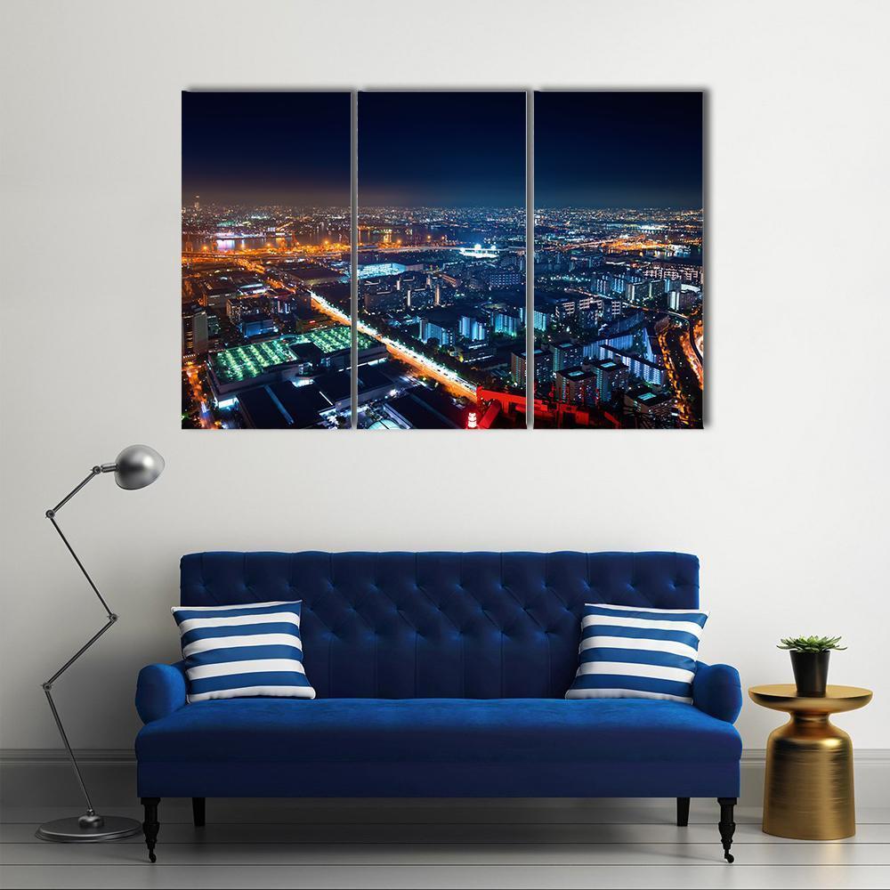 Osaka Bay Harbor Area At Night Canvas Wall Art-3 Horizontal-Gallery Wrap-37" x 24"-Tiaracle