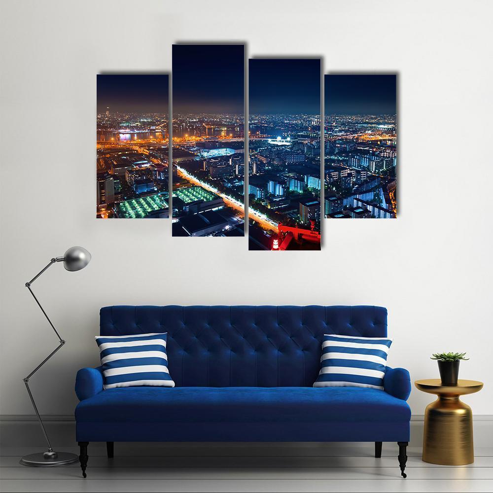Osaka Bay Harbor Area At Night Canvas Wall Art-4 Pop-Gallery Wrap-50" x 32"-Tiaracle