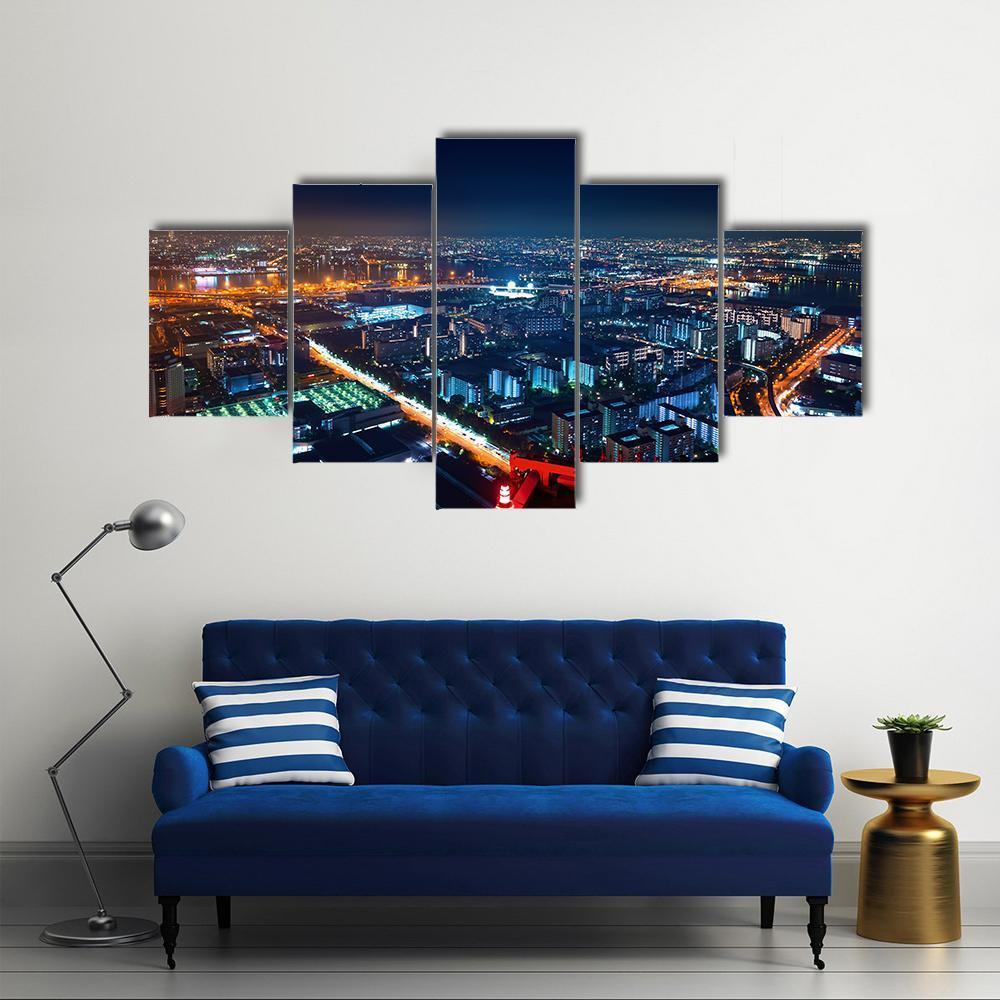 Osaka Bay Harbor Area At Night Canvas Wall Art-5 Star-Gallery Wrap-62" x 32"-Tiaracle