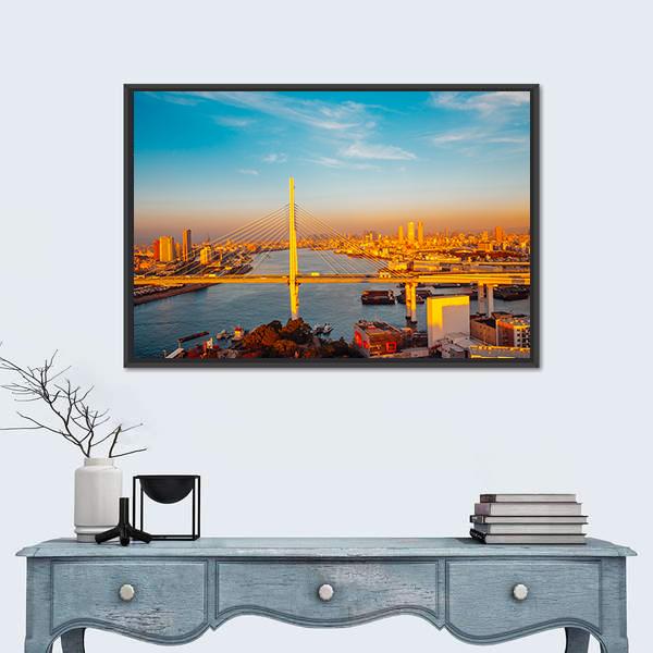 Osaka Port With Bridge And Cityscape Canvas Wall Art-1 Piece-Floating Frame-24" x 16"-Tiaracle