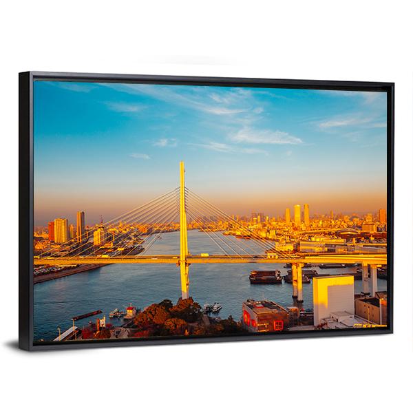 Osaka Port With Bridge And Cityscape Canvas Wall Art-3 Horizontal-Gallery Wrap-25" x 16"-Tiaracle