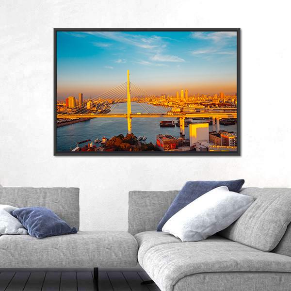 Osaka Port With Bridge And Cityscape Canvas Wall Art-3 Horizontal-Gallery Wrap-25" x 16"-Tiaracle