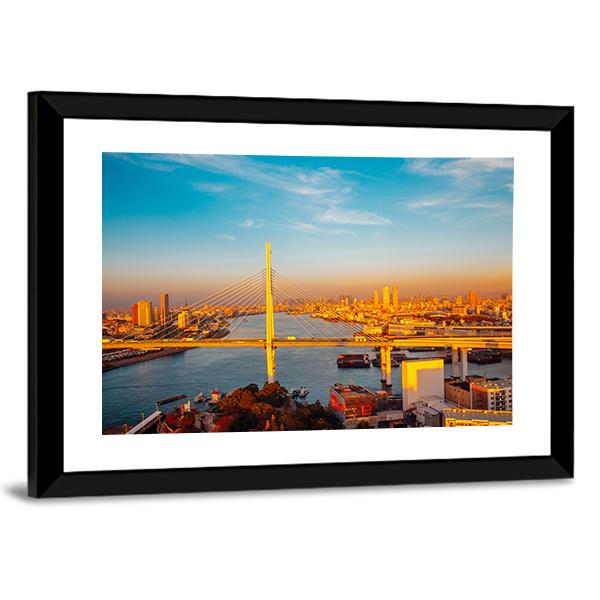 Osaka Port With Bridge And Cityscape Canvas Wall Art-3 Horizontal-Gallery Wrap-25" x 16"-Tiaracle