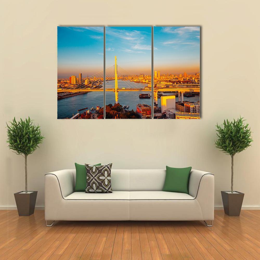 Osaka Port With Bridge And Cityscape Canvas Wall Art-3 Horizontal-Gallery Wrap-37" x 24"-Tiaracle
