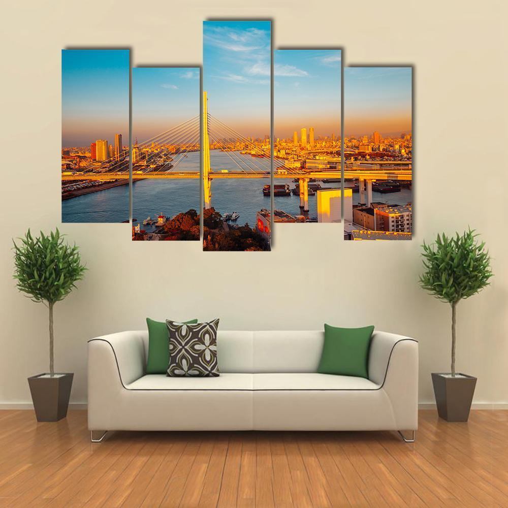 Osaka Port With Bridge And Cityscape Canvas Wall Art-5 Pop-Gallery Wrap-47" x 32"-Tiaracle