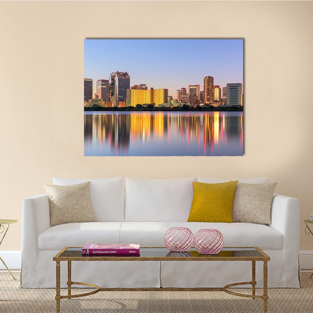 Osaka Cityscape From Yodogawa River Canvas Wall Art-5 Pop-Gallery Wrap-47" x 32"-Tiaracle