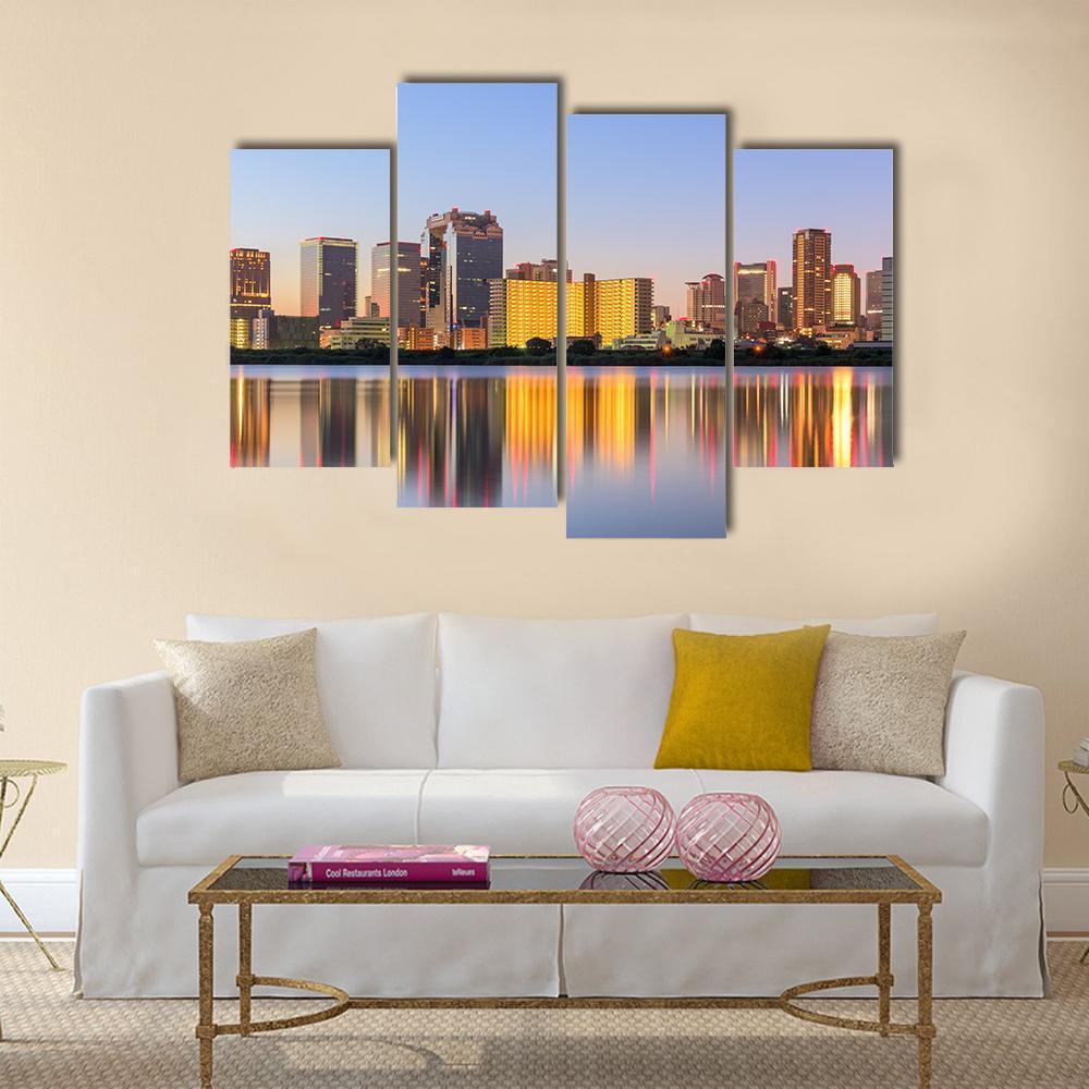 Osaka Cityscape From Yodogawa River Canvas Wall Art-4 Pop-Gallery Wrap-50" x 32"-Tiaracle