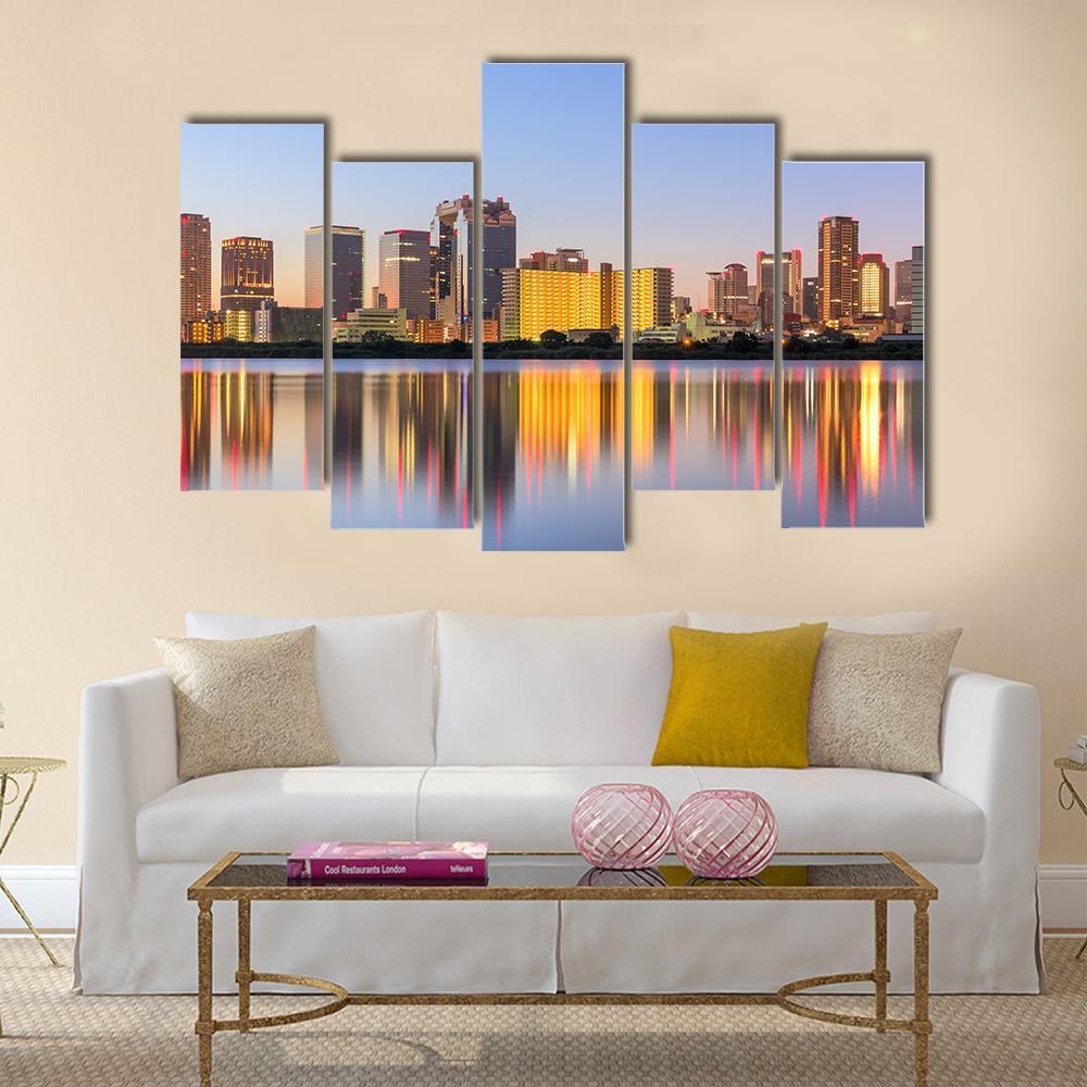 Osaka Cityscape From Yodogawa River Canvas Wall Art-5 Pop-Gallery Wrap-47" x 32"-Tiaracle