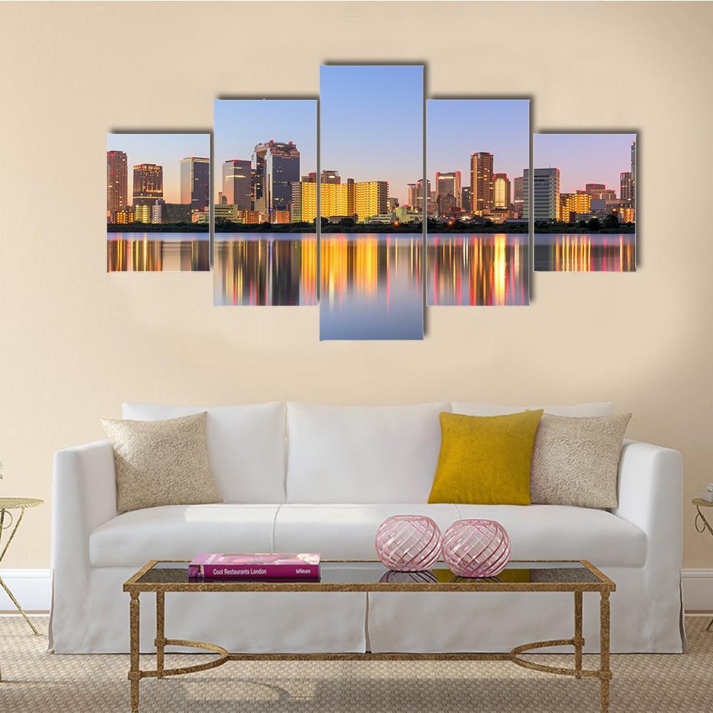 Osaka Cityscape From Yodogawa River Canvas Wall Art-5 Star-Gallery Wrap-62" x 32"-Tiaracle