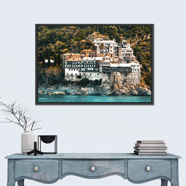 Osiou Gregoriou Monastery On Holy Mount Athos Canvas Wall Art-1 Piece-Floating Frame-24" x 16"-Tiaracle