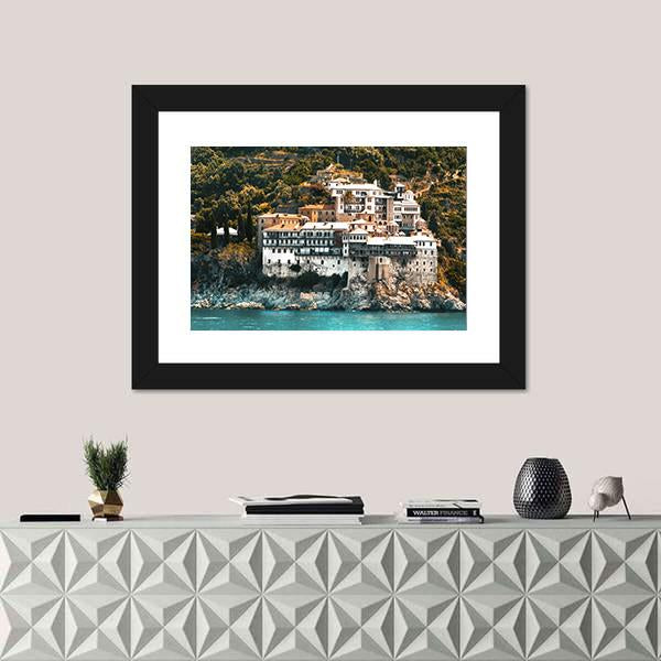 Osiou Gregoriou Monastery On Holy Mount Athos Canvas Wall Art-1 Piece-Framed Print-20" x 16"-Tiaracle