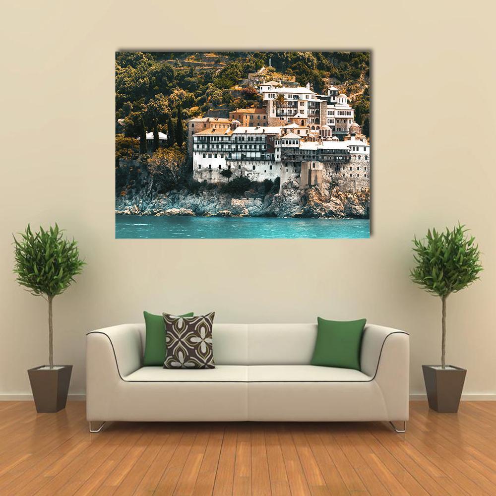 Osiou Gregoriou Monastery on Mount Athos Canvas Wall Art in white, brown and blue, single panel hung on a wall