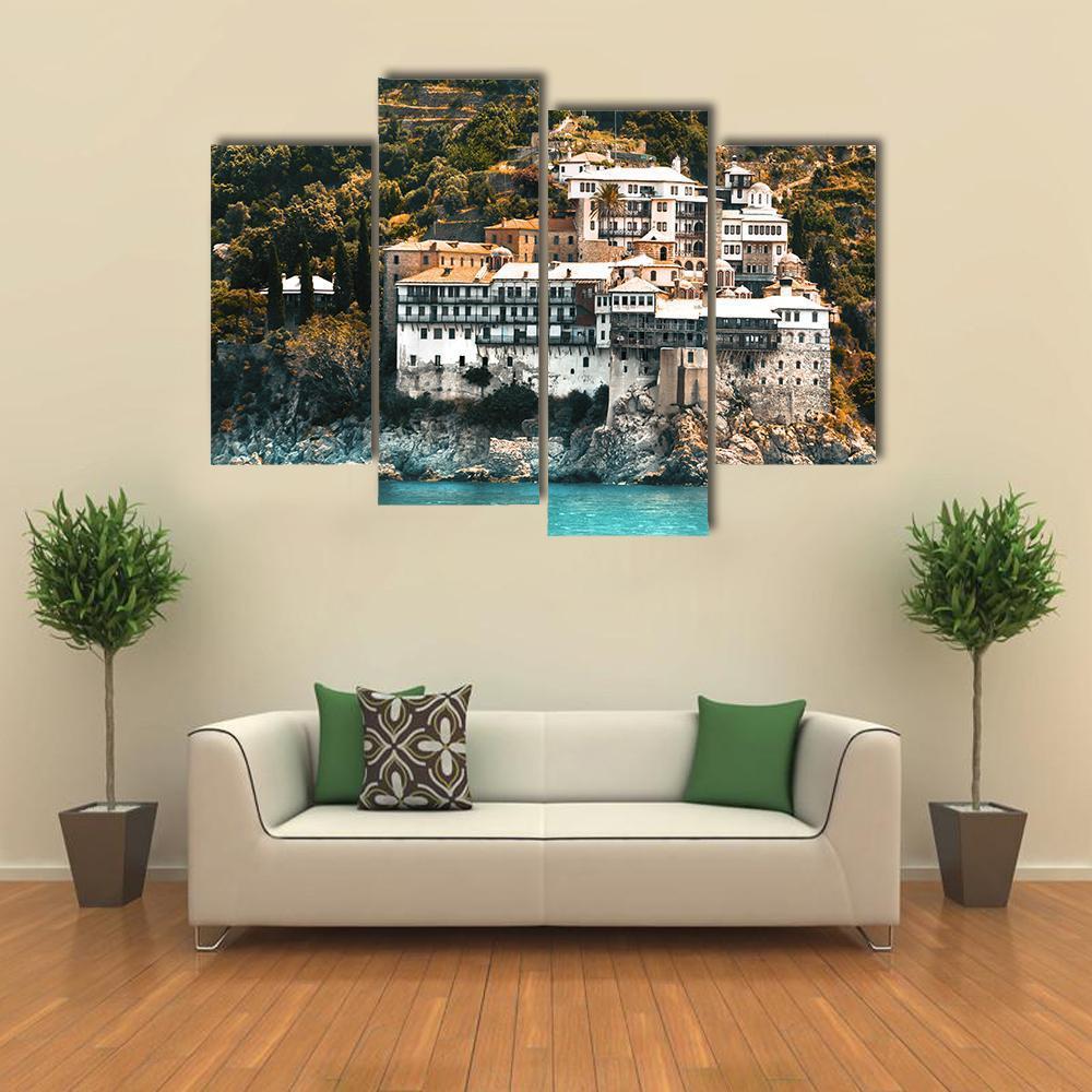 Osiou Gregoriou Monastery On Holy Mount Athos Canvas Wall Art-4 Pop-Gallery Wrap-50" x 32"-Tiaracle