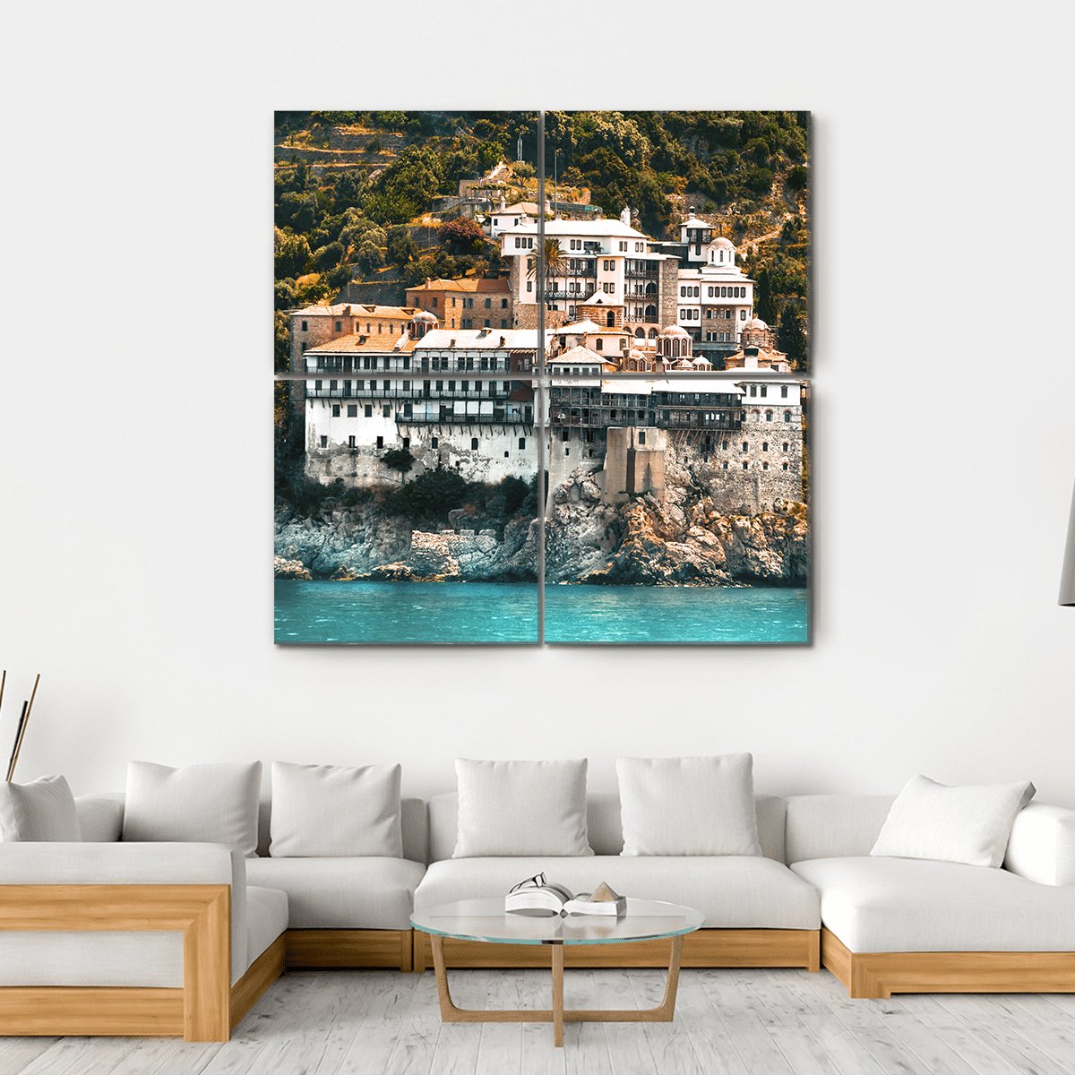 Osiou Gregoriou Monastery On Holy Mount Athos Canvas Wall Art-4 Square-Gallery Wrap-17" x 17"-Tiaracle
