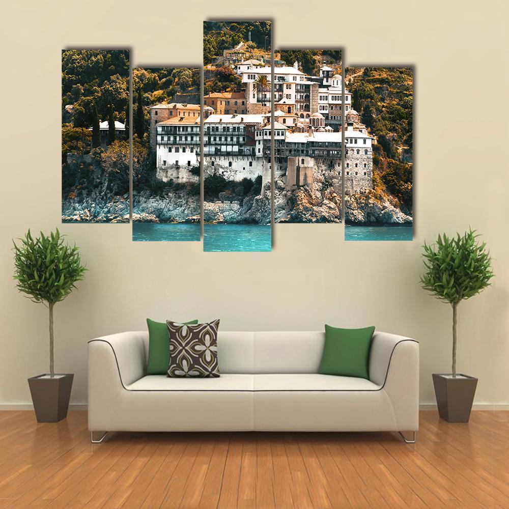 Osiou Gregoriou Monastery On Holy Mount Athos Canvas Wall Art-5 Pop-Gallery Wrap-47" x 32"-Tiaracle