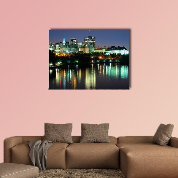 Ottawa At Night Over River Canvas Wall Art-1 Piece-Gallery Wrap-48" x 32"-Tiaracle